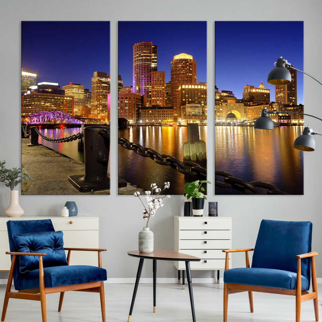 Boston Night Skyline Cityscape Photo Print Large Canvas Wall Art