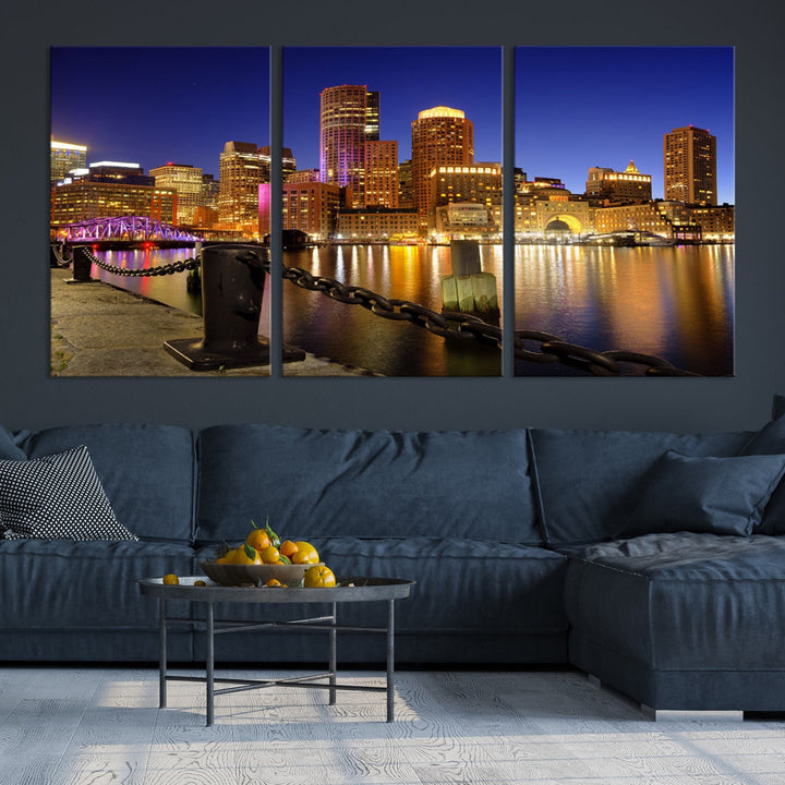 Boston Night Skyline Cityscape Photo Print Large Canvas Wall Art