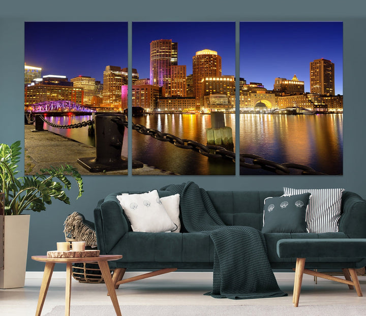 Boston Night Skyline Cityscape Photo Print Large Canvas Wall Art