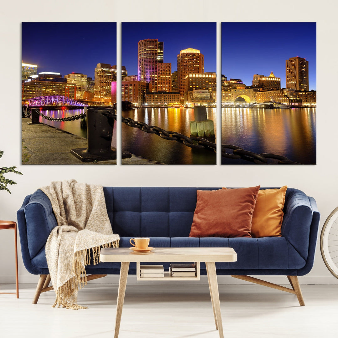 Boston Night Skyline Cityscape Photo Print Large Canvas Wall Art