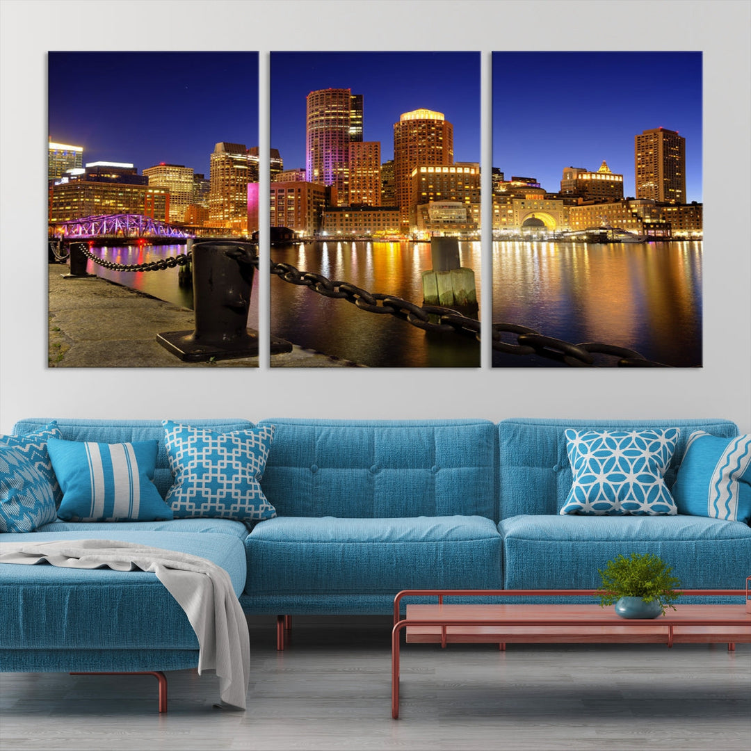 Boston Night Skyline Cityscape Photo Print Large Canvas Wall Art