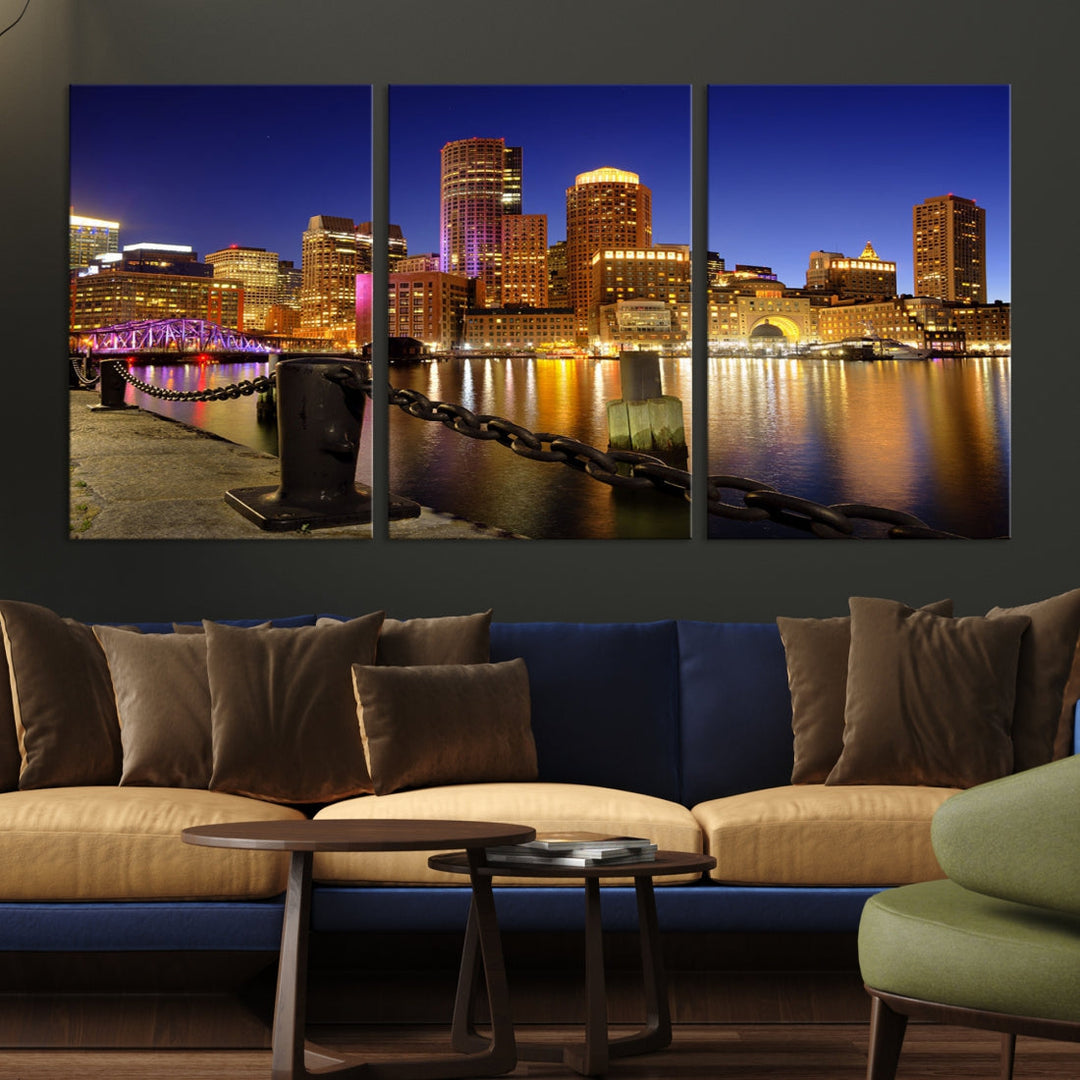 Boston Night Skyline Cityscape Photo Print Large Canvas Wall Art