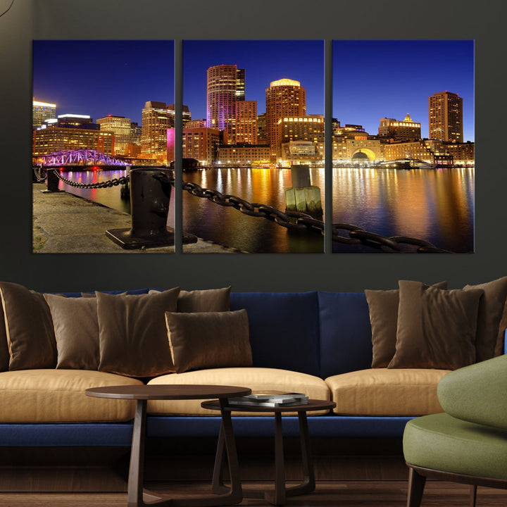 Boston Night Skyline Cityscape Photo Print Large Canvas Wall Art