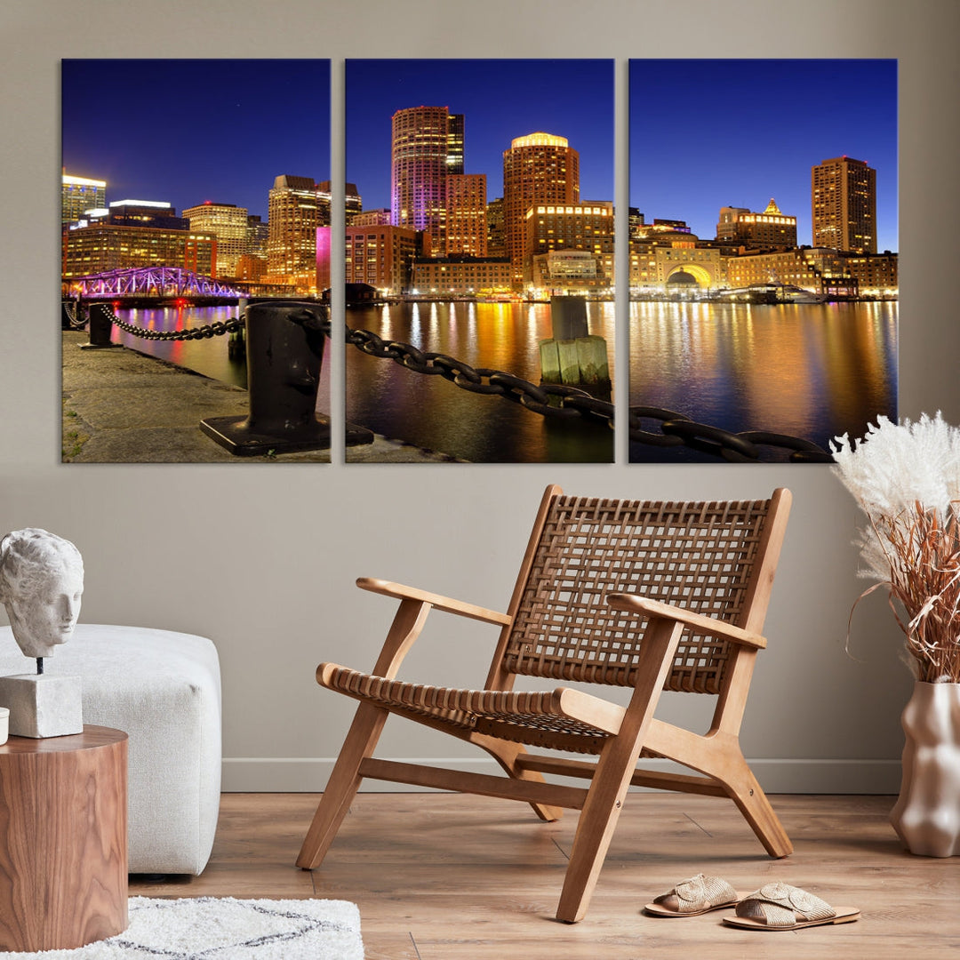 Boston Night Skyline Cityscape Photo Print Large Canvas Wall Art