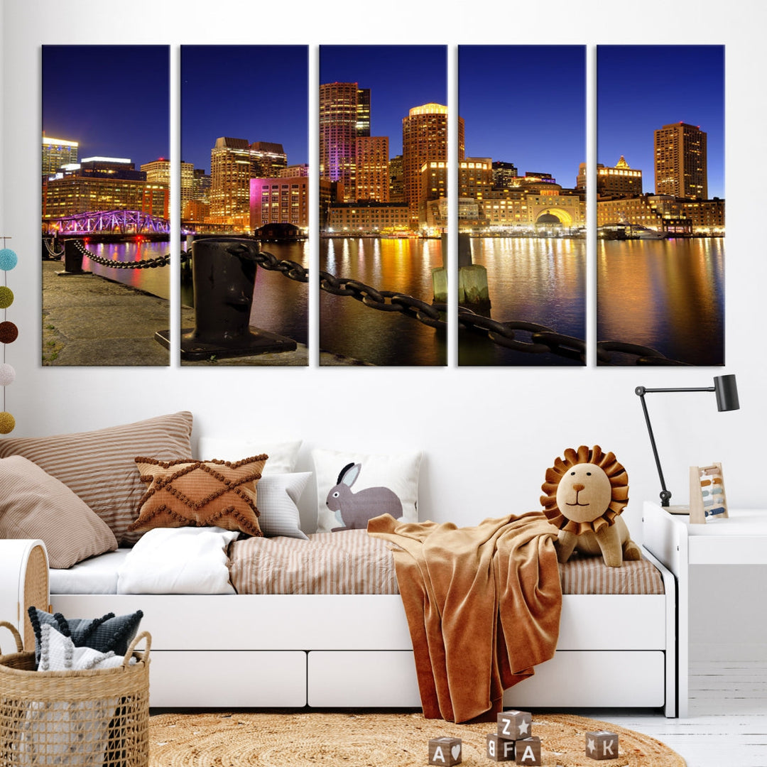 Boston Night Skyline Cityscape Photo Print Large Canvas Wall Art