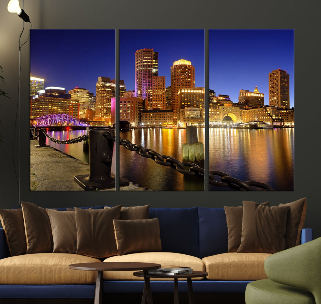 Boston Night Skyline Cityscape Photo Print Large Canvas Wall Art