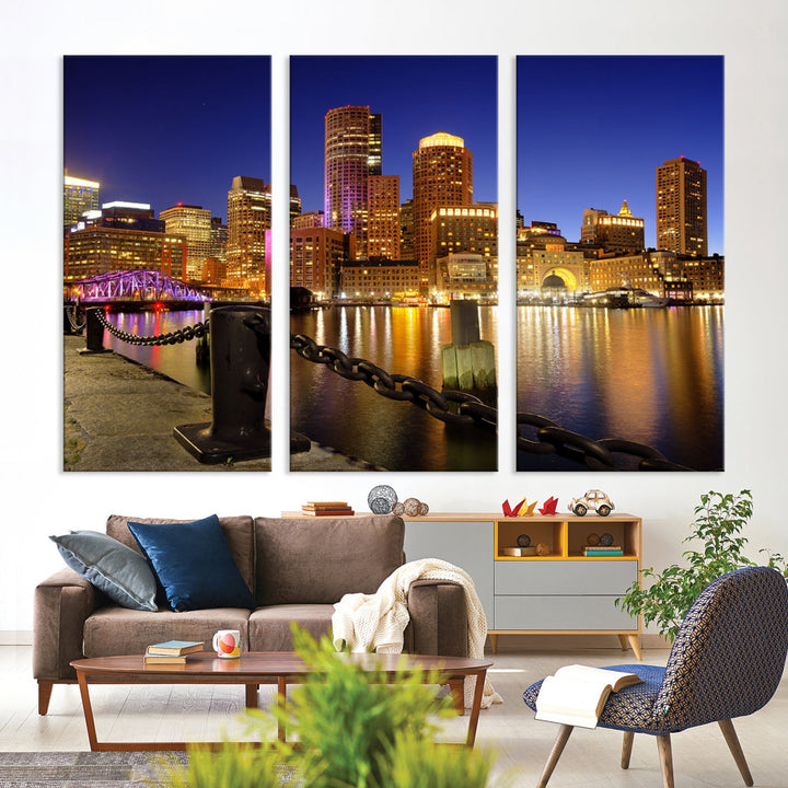 Boston Night Skyline Cityscape Photo Print Large Canvas Wall Art