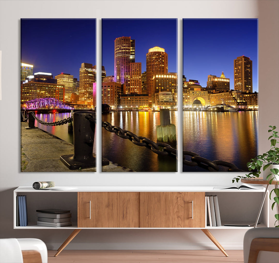 Boston Night Skyline Cityscape Photo Print Large Canvas Wall Art