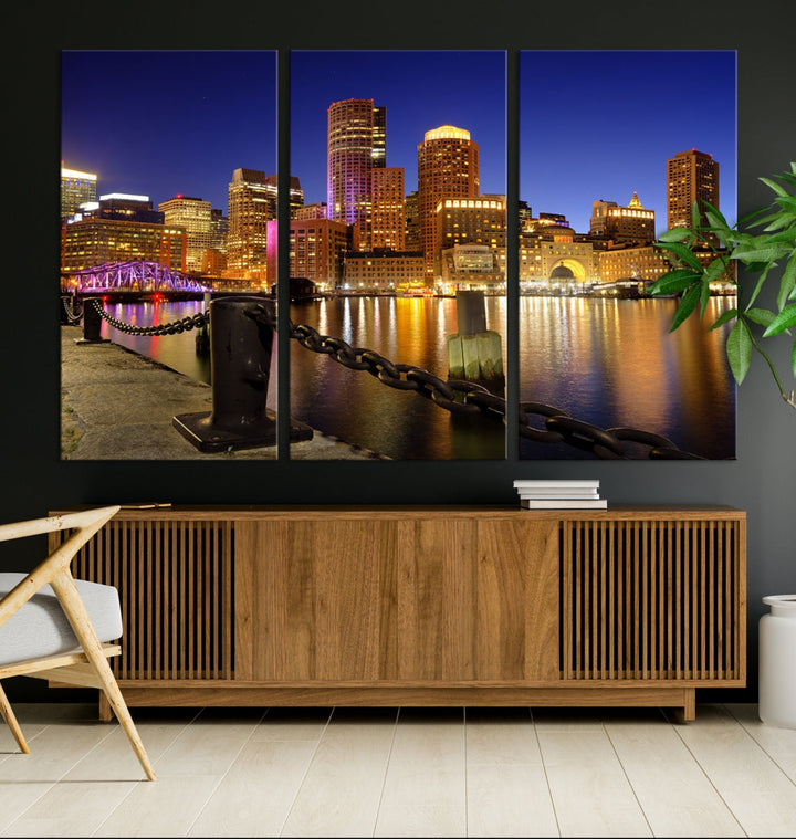 Boston Night Skyline Cityscape Photo Print Large Canvas Wall Art