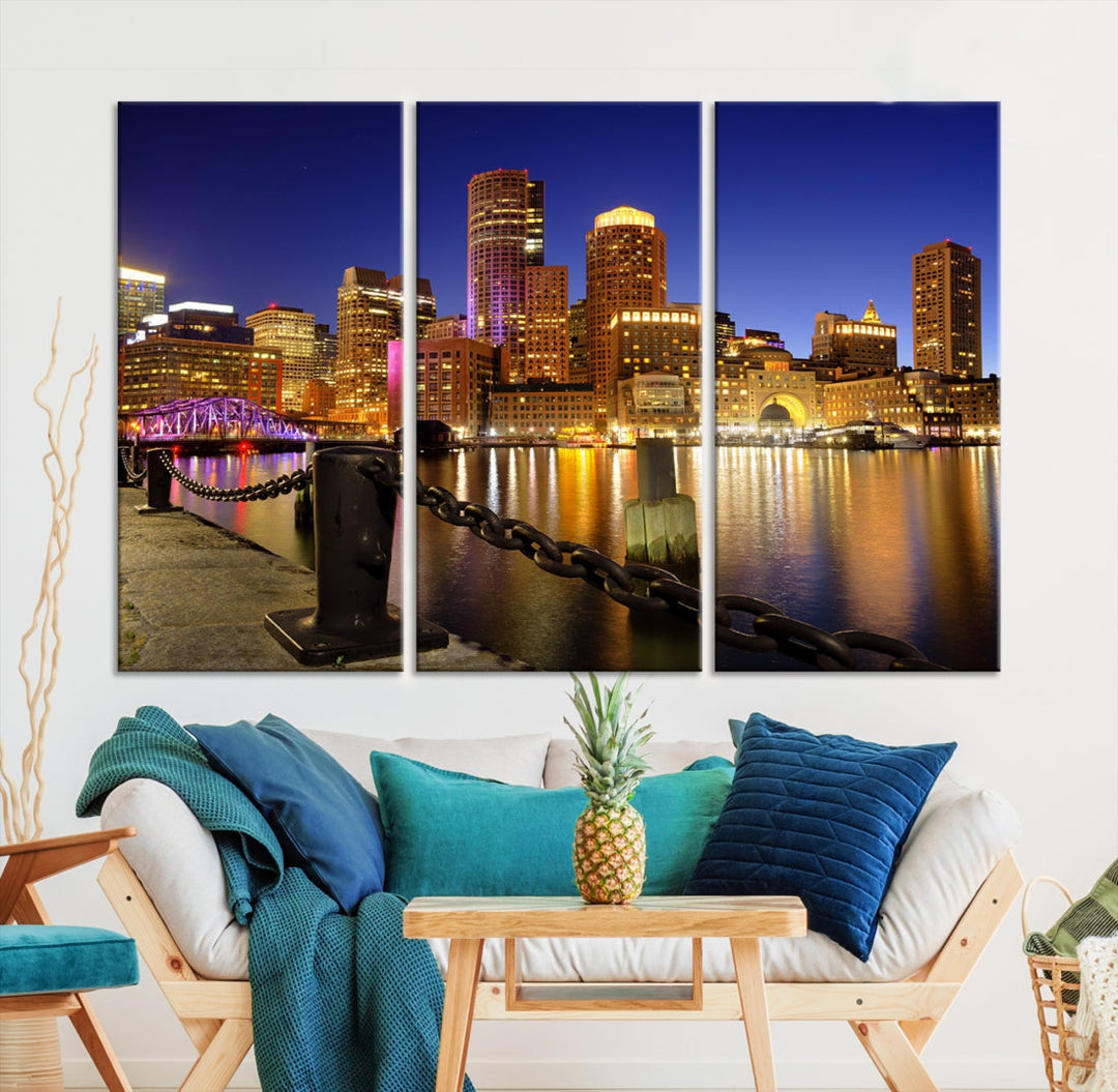 Boston Night Skyline Cityscape Photo Print Large Canvas Wall Art