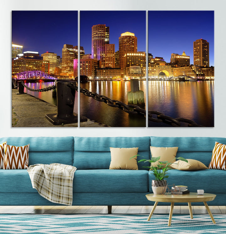 Boston Night Skyline Cityscape Photo Print Large Canvas Wall Art