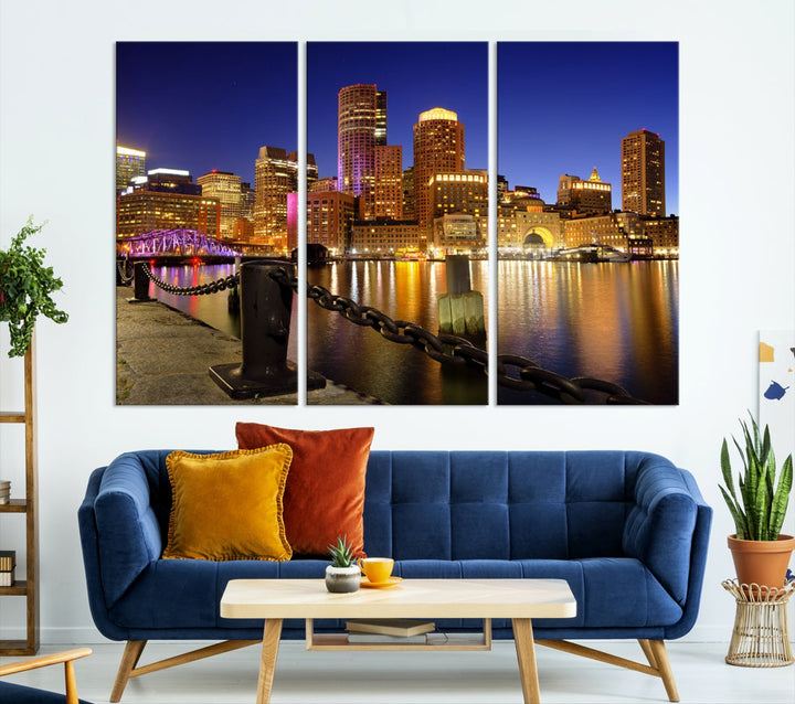 Boston Night Skyline Cityscape Photo Print Large Canvas Wall Art