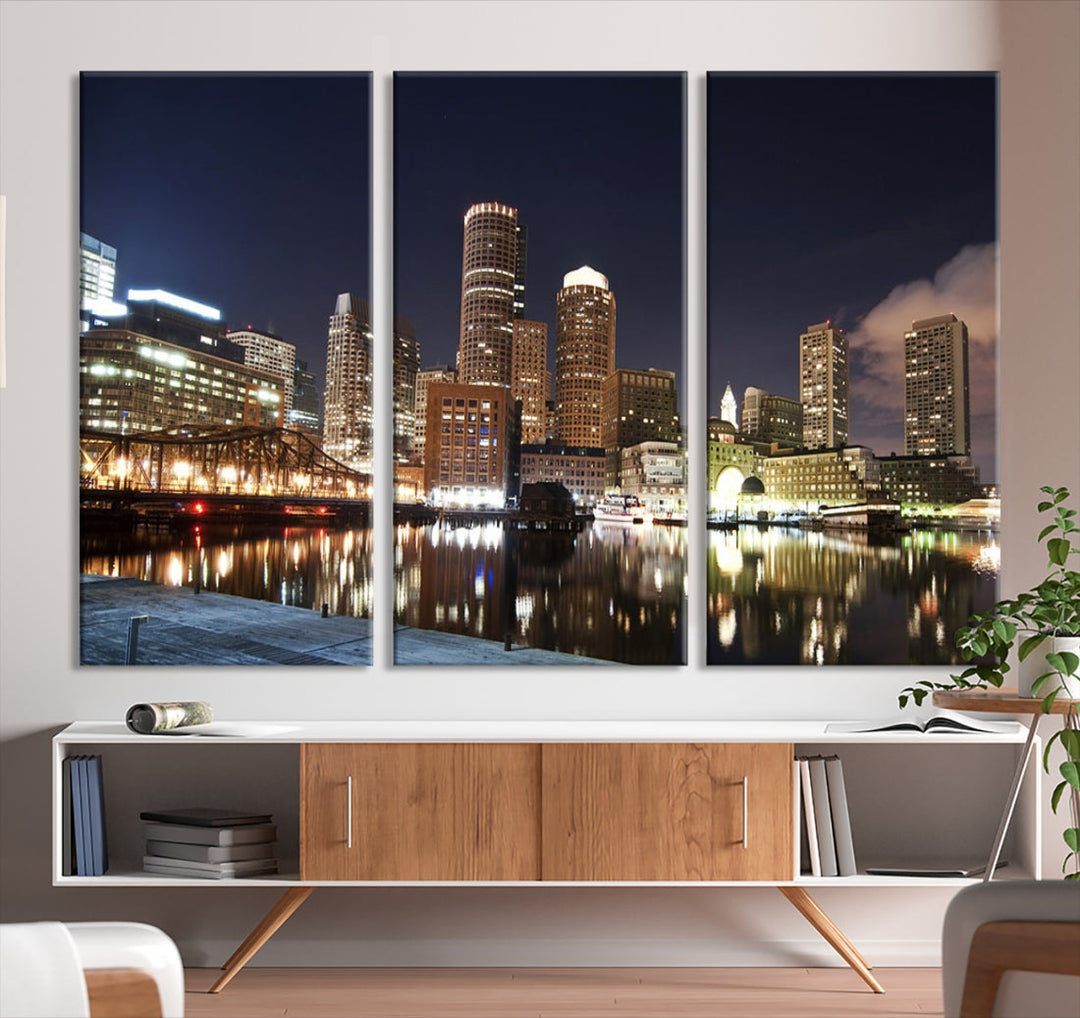 Boston Wall Art Night Skyline Cityscape View Canvas Print