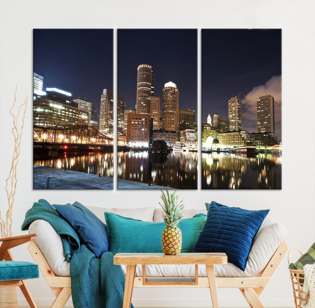 Boston Wall Art Night Skyline Cityscape View Canvas Print