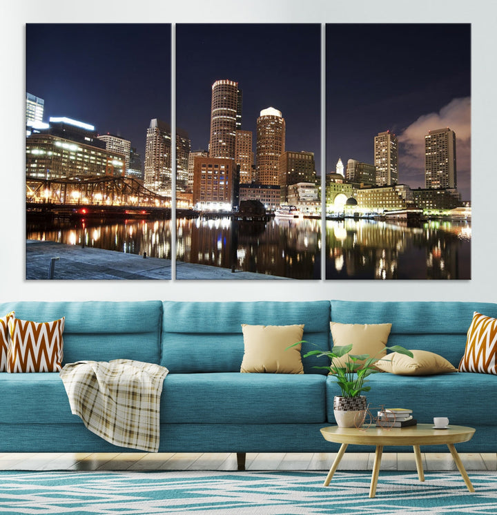 Boston Wall Art Night Skyline Cityscape View Canvas Print