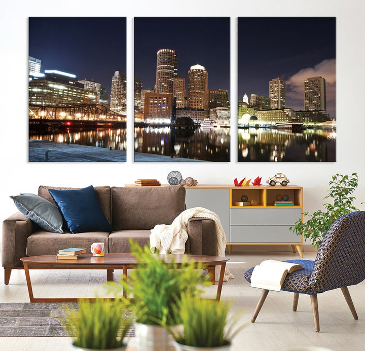 Boston Wall Art Night Skyline Cityscape View Canvas Print