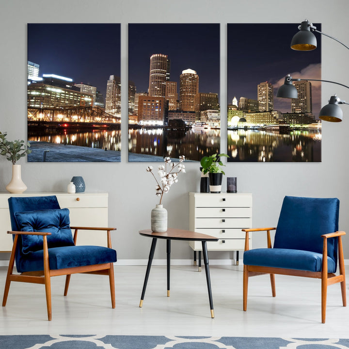 Boston Wall Art Night Skyline Cityscape View Canvas Print