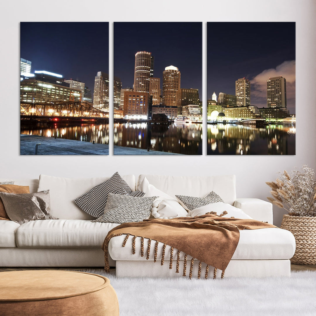 Boston Wall Art Night Skyline Cityscape View Canvas Print