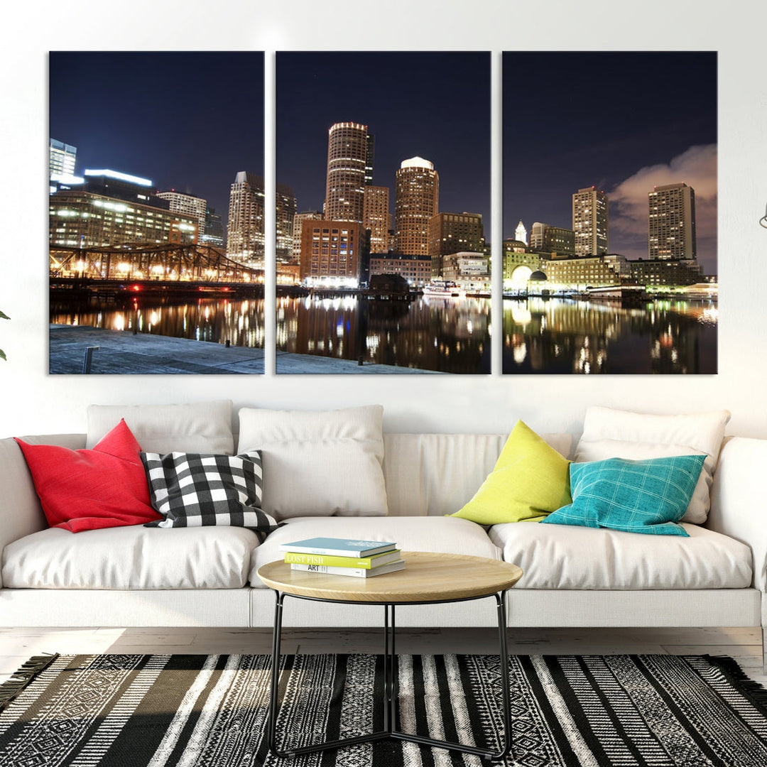 Boston Wall Art Night Skyline Cityscape View Canvas Print