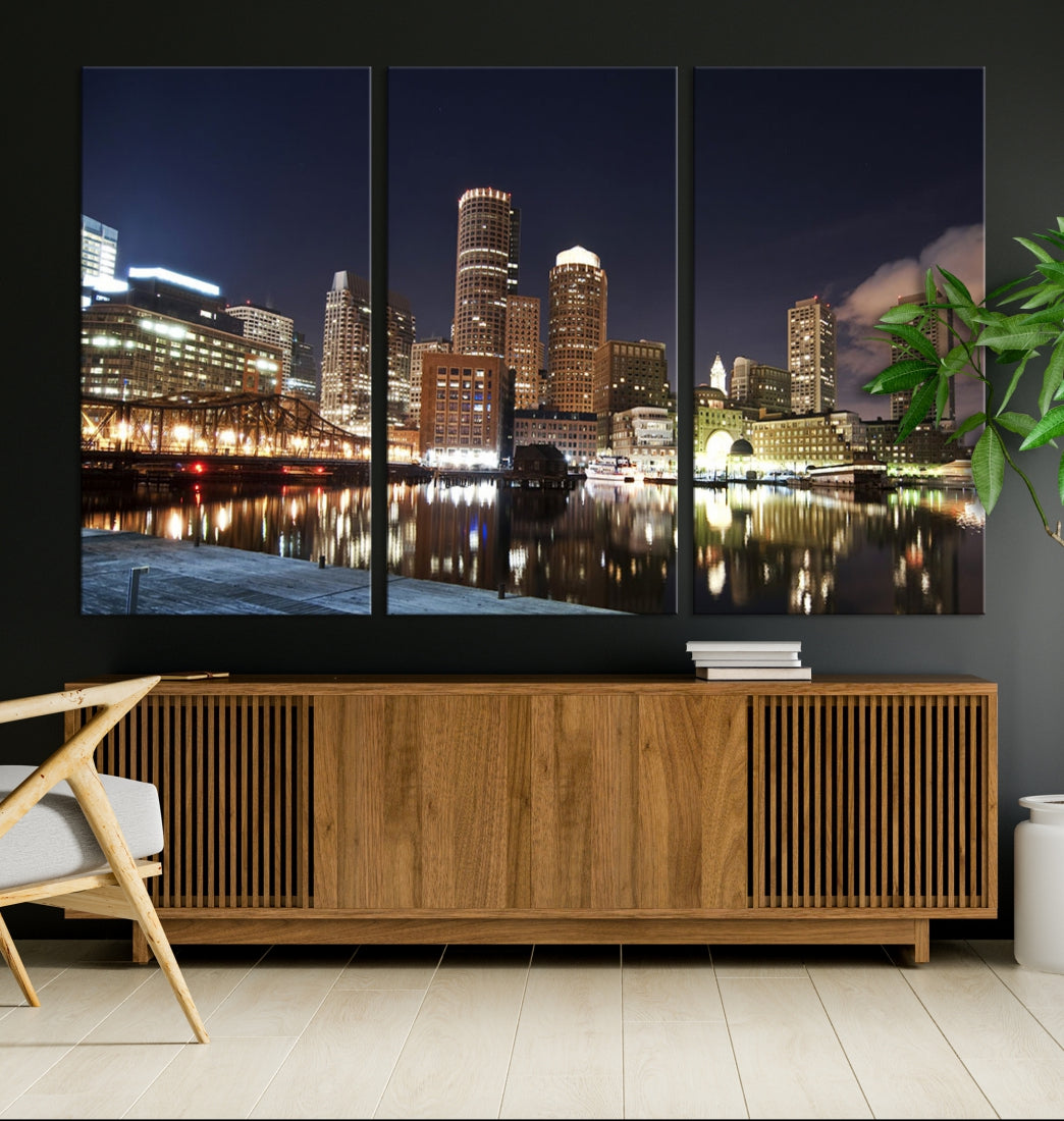 Boston Wall Art Night Skyline Cityscape View Canvas Print