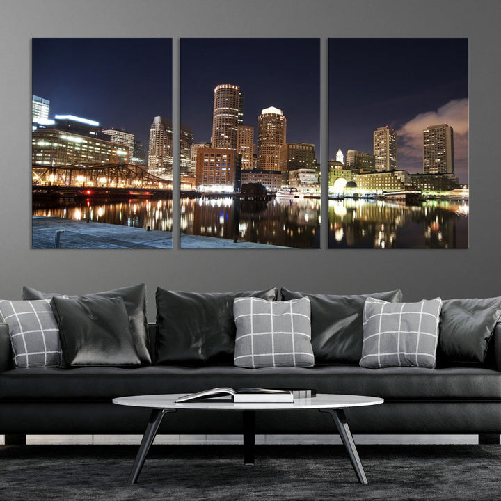 Boston Wall Art Night Skyline Cityscape View Canvas Print