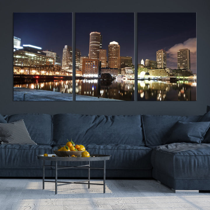 Boston Wall Art Night Skyline Cityscape View Canvas Print