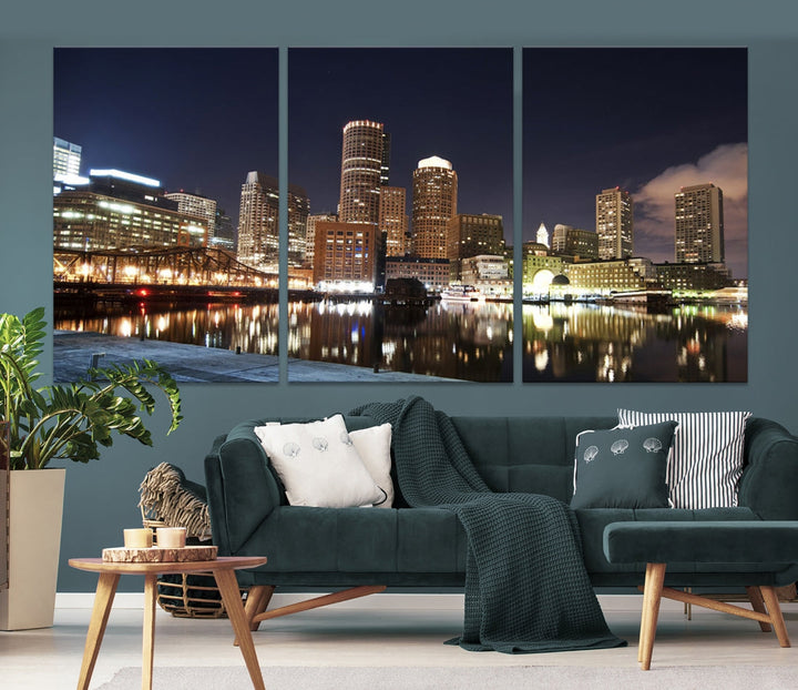 Boston Wall Art Night Skyline Cityscape View Canvas Print