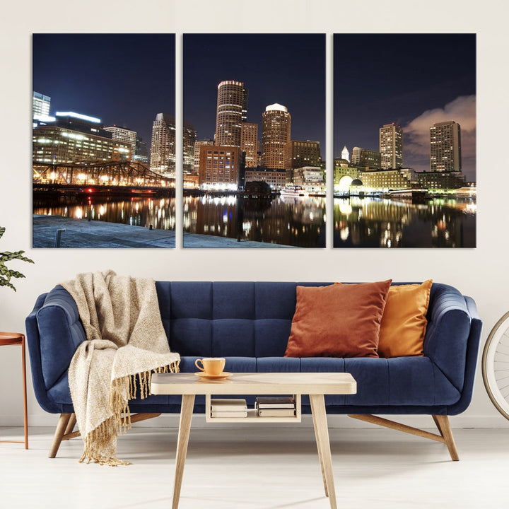 Boston Wall Art Night Skyline Cityscape View Canvas Print