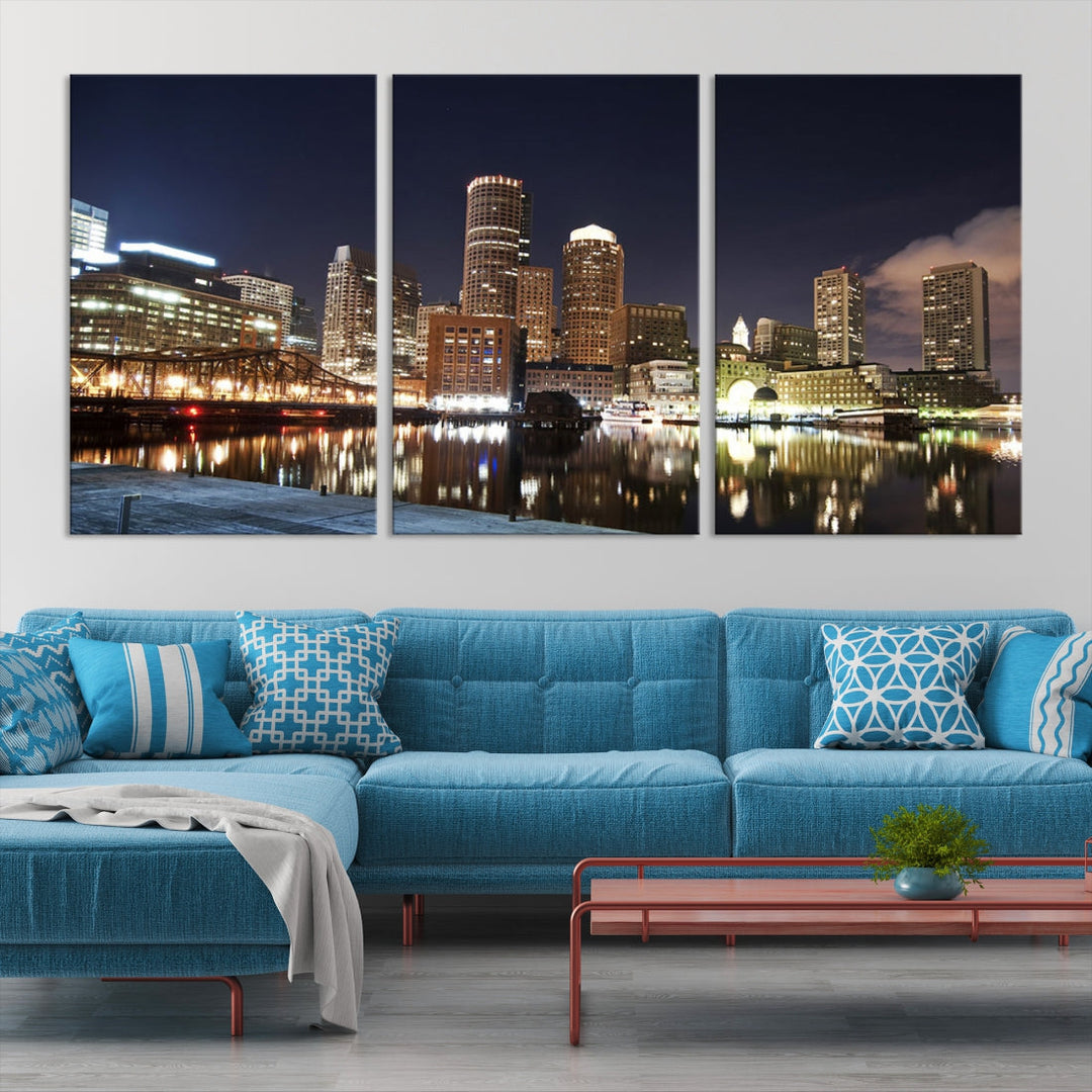 Boston Wall Art Night Skyline Cityscape View Canvas Print