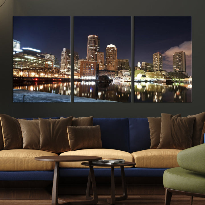 Boston Wall Art Night Skyline Cityscape View Canvas Print