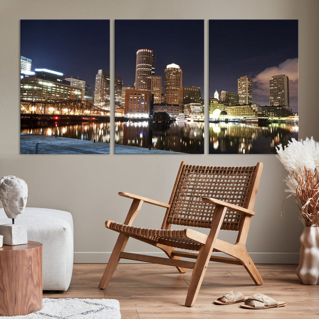 Boston Wall Art Night Skyline Cityscape View Canvas Print