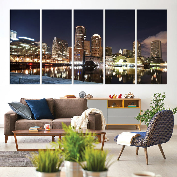 Boston Wall Art Night Skyline Cityscape View Canvas Print