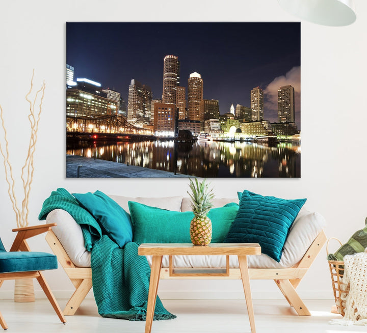 Boston Wall Art Night Skyline Cityscape View Canvas Print