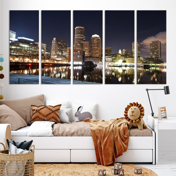 Boston Wall Art Night Skyline Cityscape View Canvas Print