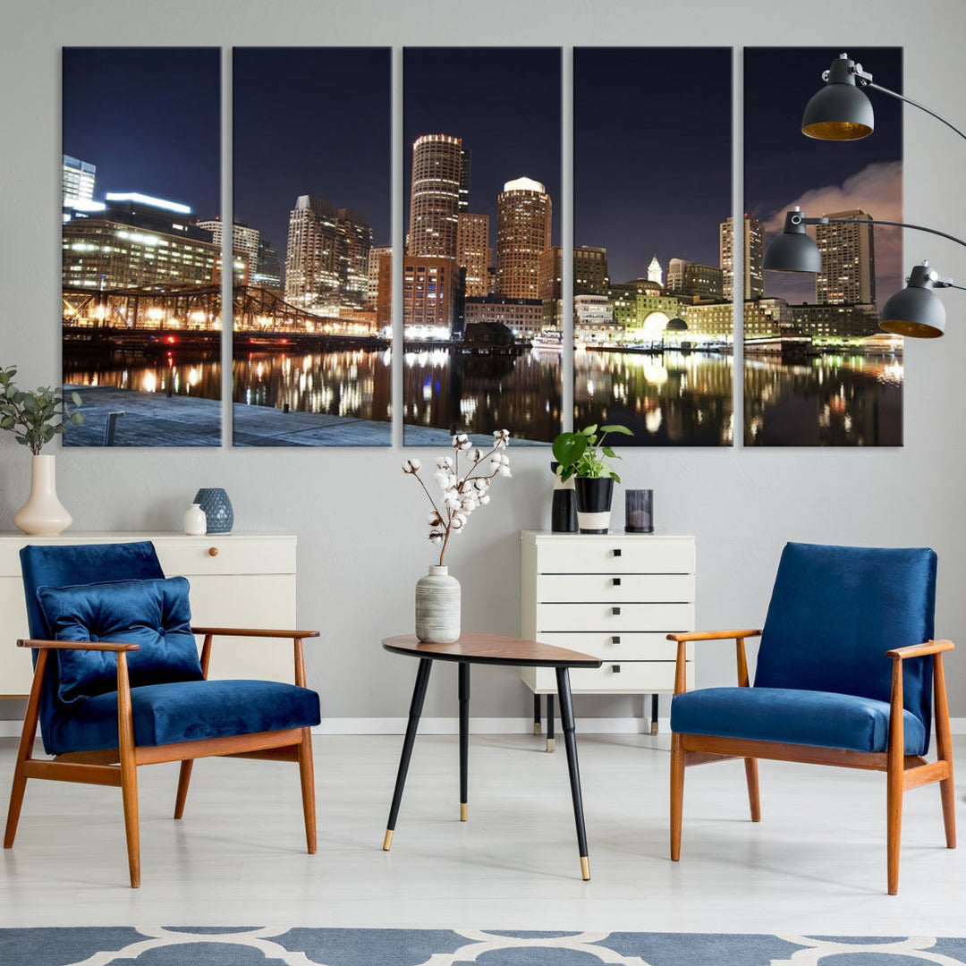 Boston Wall Art Night Skyline Cityscape View Canvas Print