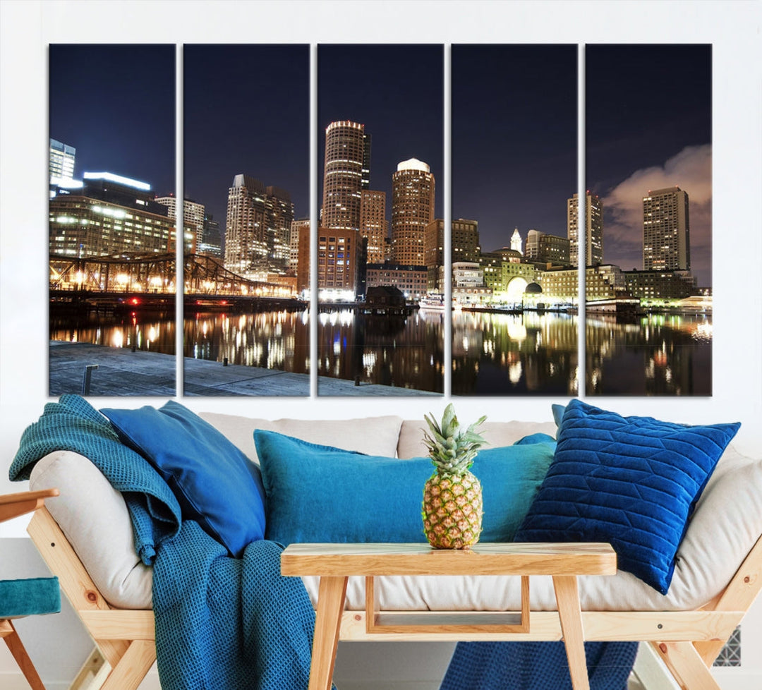 Boston Wall Art Night Skyline Cityscape View Canvas Print