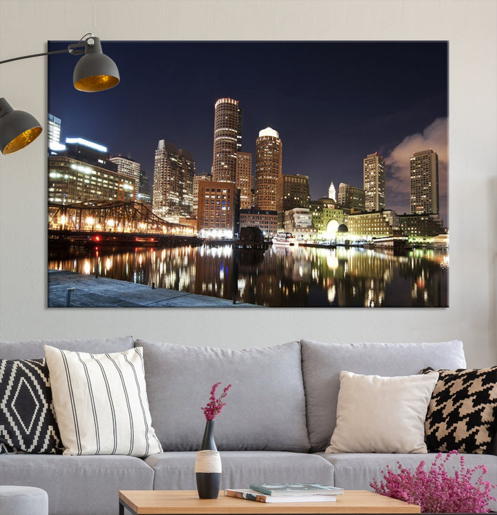 Boston Wall Art Night Skyline Cityscape View Canvas Print