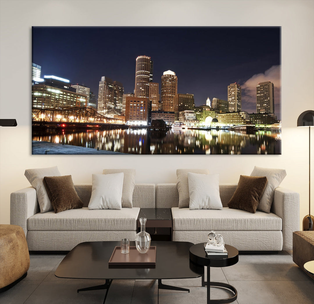 Boston Wall Art Night Skyline Cityscape View Canvas Print