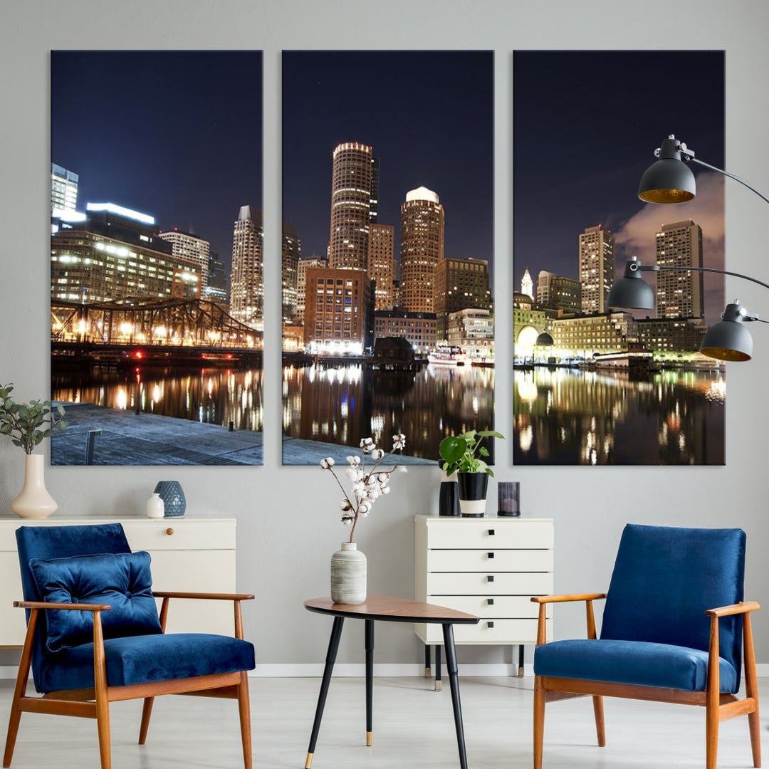 Boston Wall Art Night Skyline Cityscape View Canvas Print