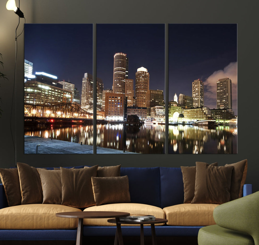 Boston Wall Art Night Skyline Cityscape View Canvas Print