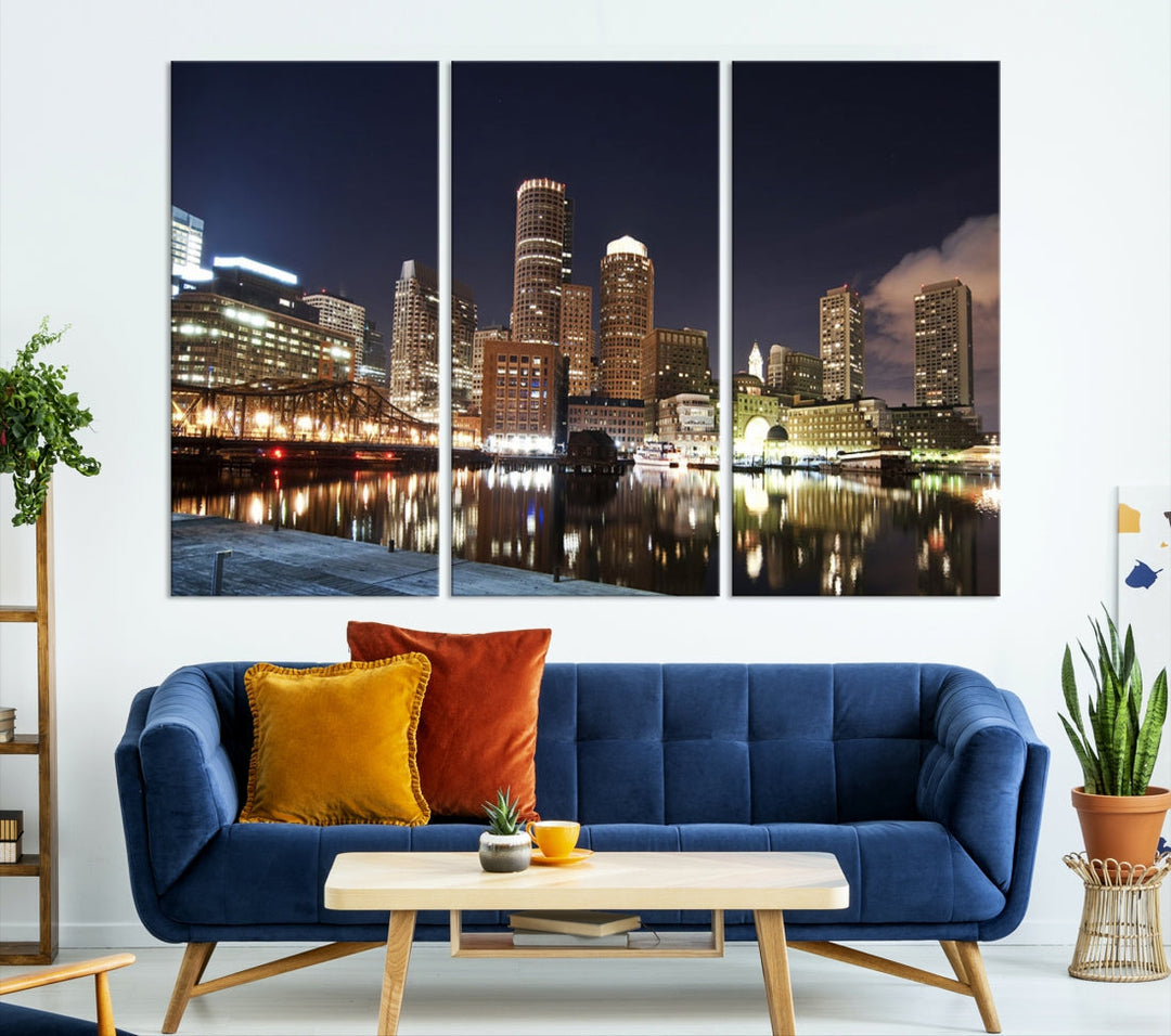 Boston Wall Art Night Skyline Cityscape View Canvas Print