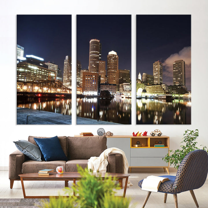 Boston Wall Art Night Skyline Cityscape View Canvas Print