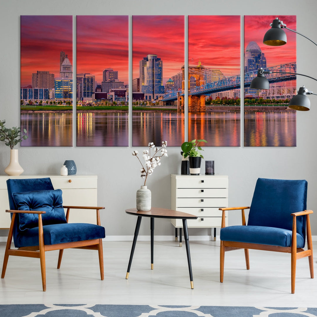 Breathtaking Red Sunset Cincinnati City Photography Print Cityscape Canvas Art