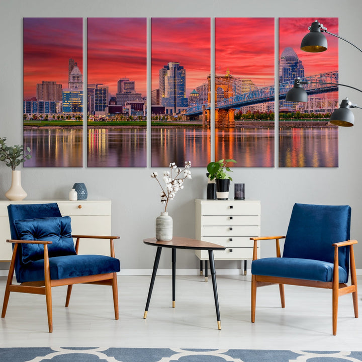 Breathtaking Red Sunset Cincinnati City Photography Print Cityscape Canvas Art