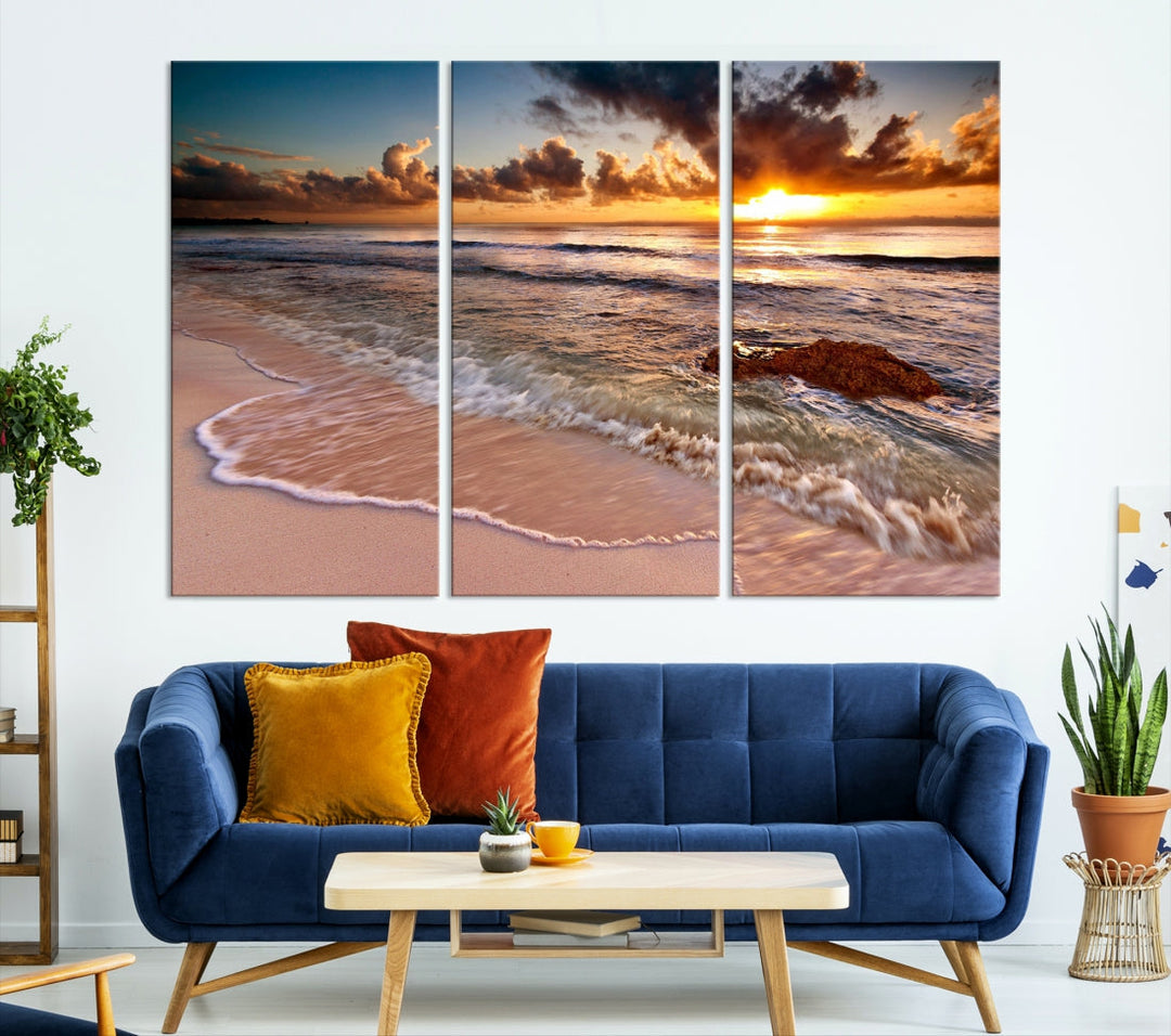 Breathtaking Sunset and Calm Beach Waves Canvas Wall Art Print