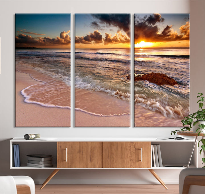 Breathtaking Sunset and Calm Beach Waves Canvas Wall Art Print