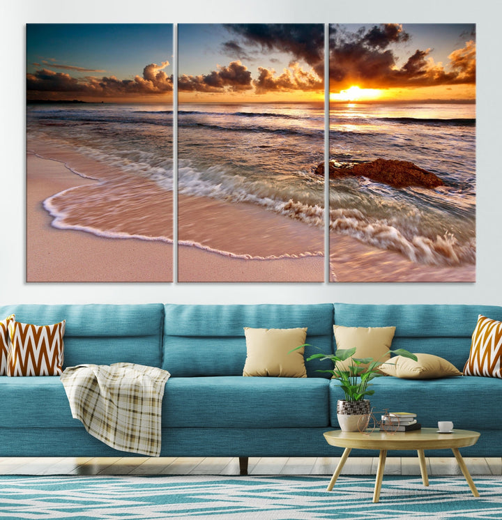 Breathtaking Sunset and Calm Beach Waves Canvas Wall Art Print