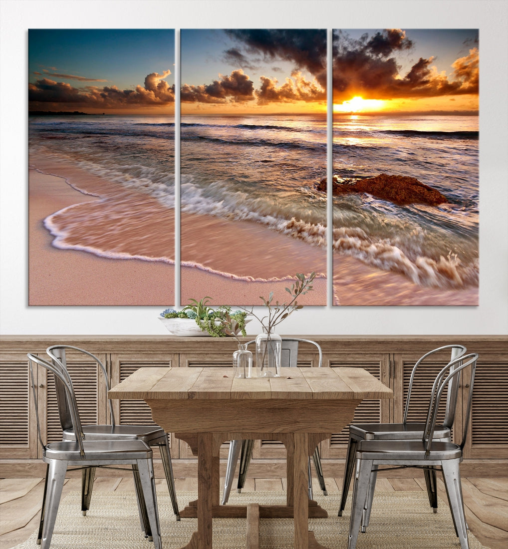 Breathtaking Sunset and Calm Beach Waves Canvas Wall Art Print