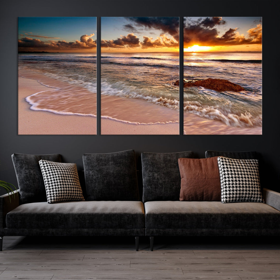 Breathtaking Sunset and Calm Beach Waves Canvas Wall Art Print