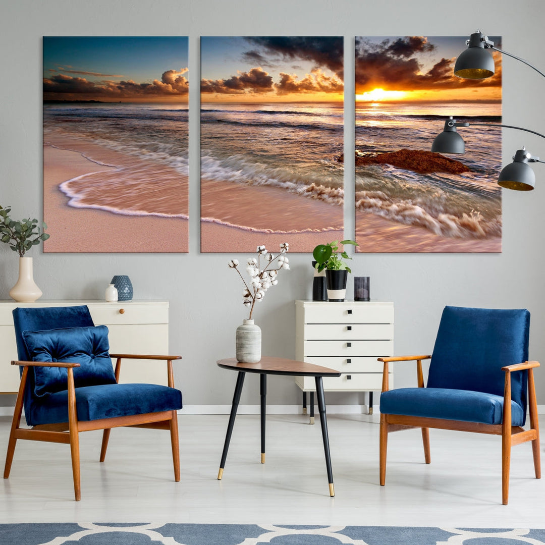 Breathtaking Sunset and Calm Beach Waves Canvas Wall Art Print